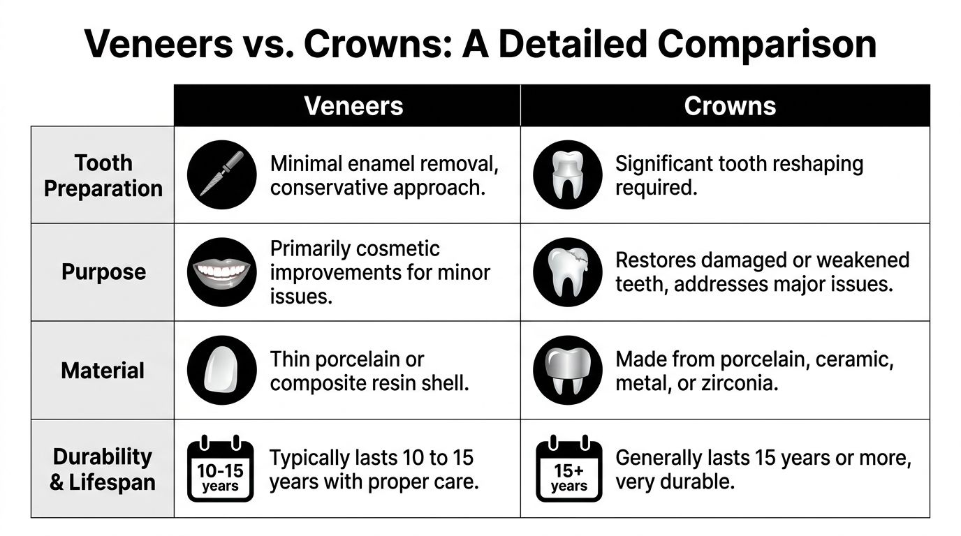 A comparison chart outlining the key differences between dental veneers and dental crowns for patients.