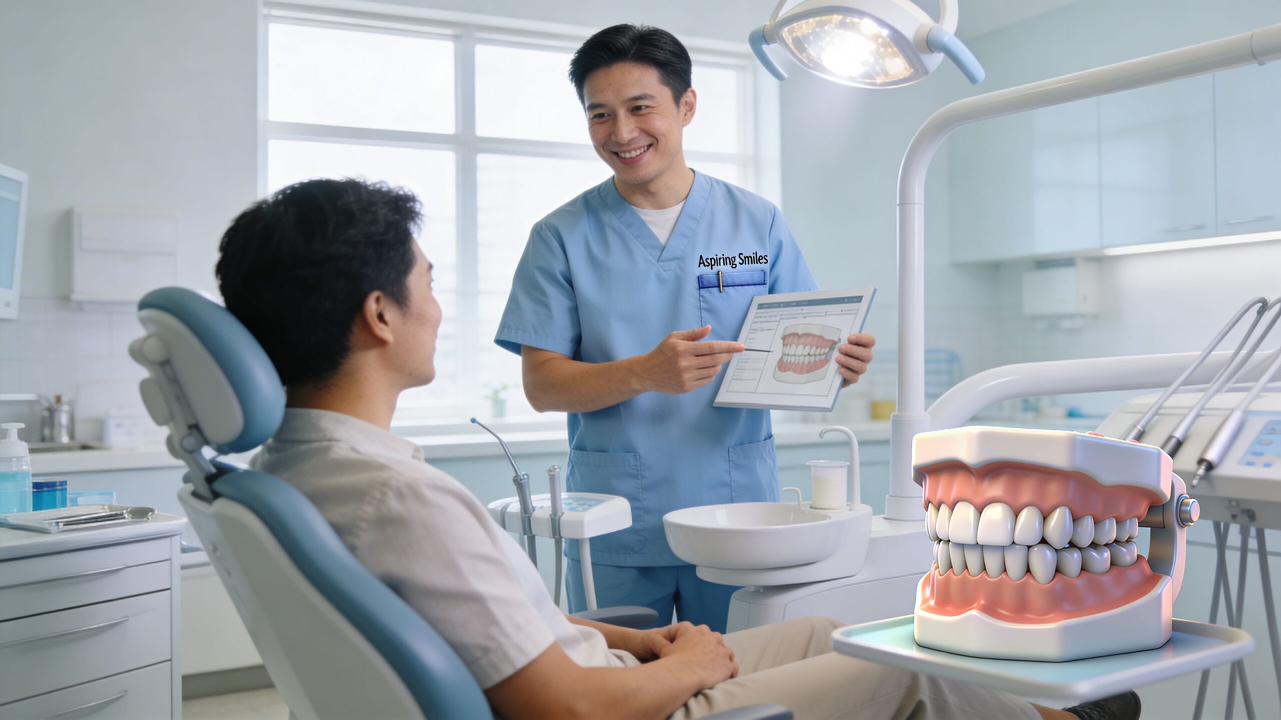 A smiling dentist in blue scrubs shows a digital tooth model to a male patient in a dental clinic.