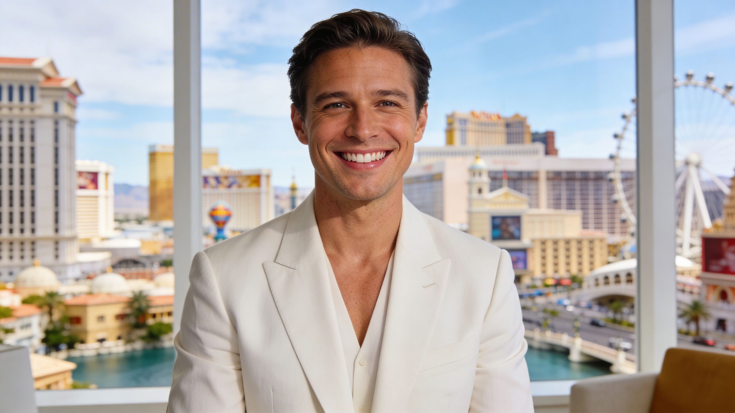 A charismatic man in a white suit smiles in front of a window overlooking Las Vegas landmarks.